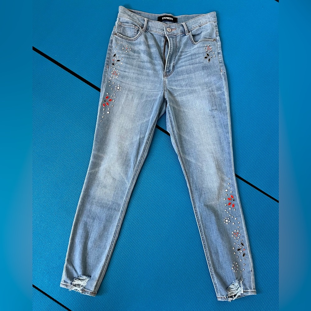 Super High Waisted Rhinestone Details skinny Jeans Express women legging 8R